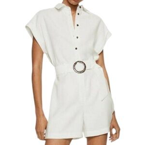 Mango Alec Playsuit Romper White Button Front Belted Women Small NWT Summer